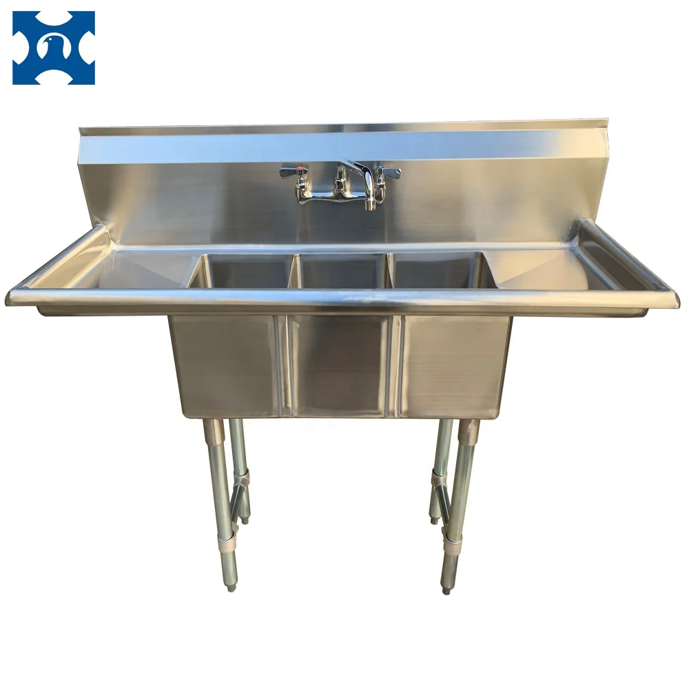 NSF Anti-corrosion stainless steel commercial kitchen 3 compartment Sink with Left & Right Drainboard free standing sink