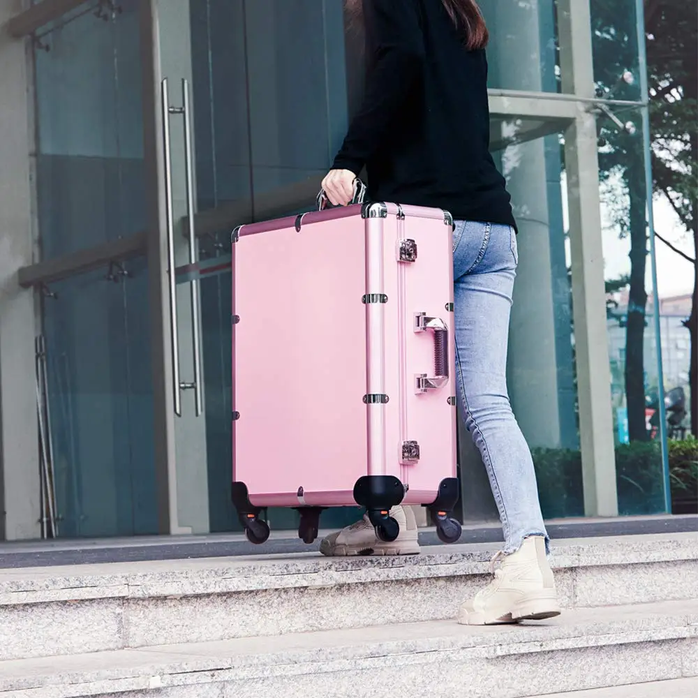 Aluminum Rolling Beauty Trolley Case Lighted Bulb Makeup Train Case Cosmetic with Wheeled Secure Lock
