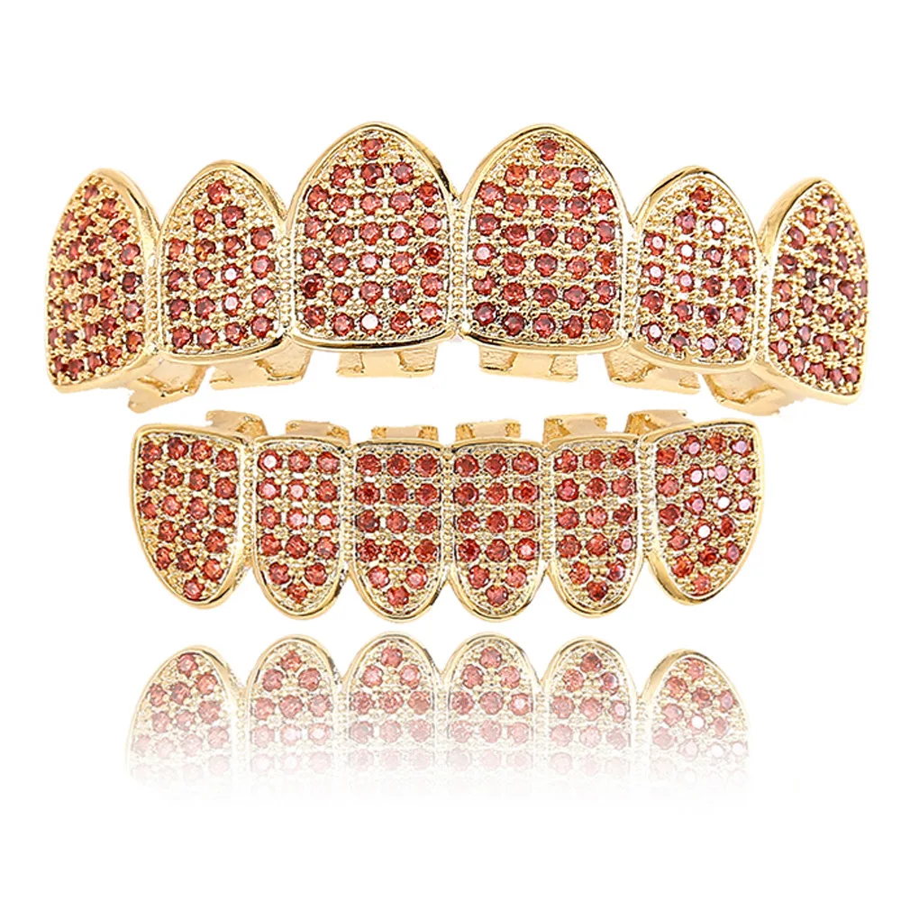 Hot Sale Micro Pave Cubic Zirconia Top Bottom Vampire Fang Teeth Grills Iced Out Colorful Diamond Teeth Grillz