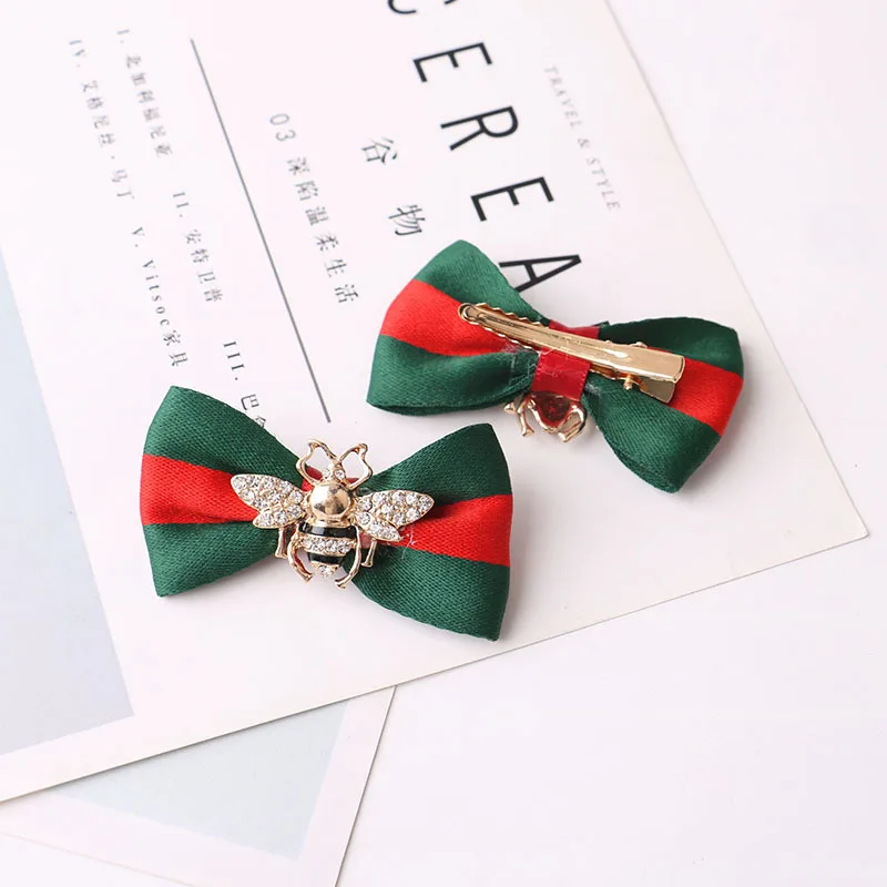 Luxury Designer Catalog Crystal Diamond Bee Bow Duckbill Clip Girls Makeup Striped Hairclip Women Fashion Hair Accessories Gifts
