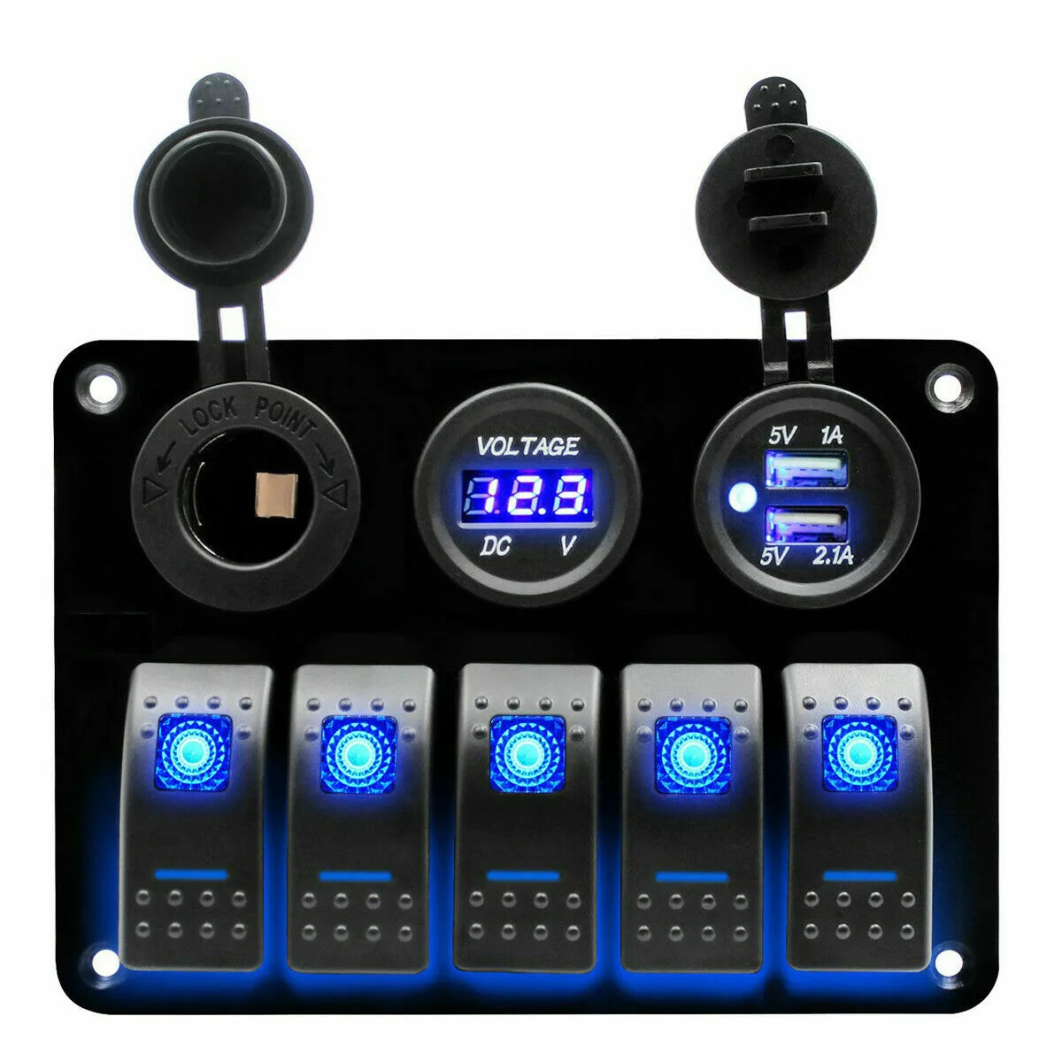 12V 5 Gang LED Rocker Switch Panel Car Boat Marine With Voltmeter & Fuse Box Dual USB Slot Socket Digital Voltage Display