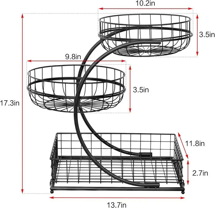 New Design Fruit Vegetable Basket Metal Fruit Basket with Banana Hanger 3 Tiers Wire Fruit Basket for Kitchen
