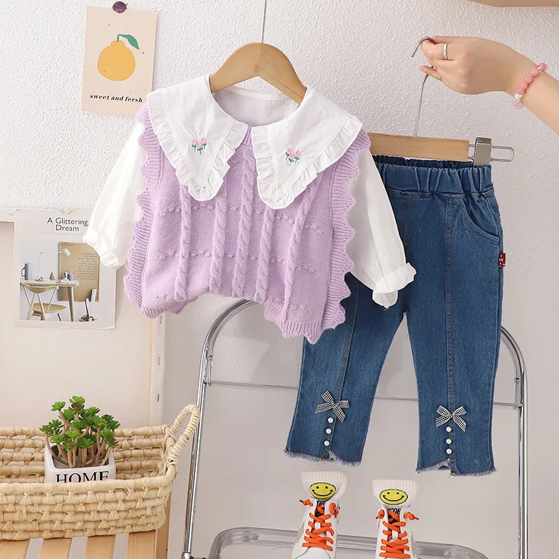 New arrival spring autumn toddler girls knitting sweater vest + floral collar shirt + jeans pants 3 pieces clothing set