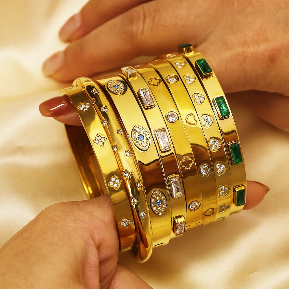 Luxury New Design Zircon Non Tarnish 18k Gold Plated Stainless Steel Cuff Waterproof Fashion Jewelry Bracelets Bangle