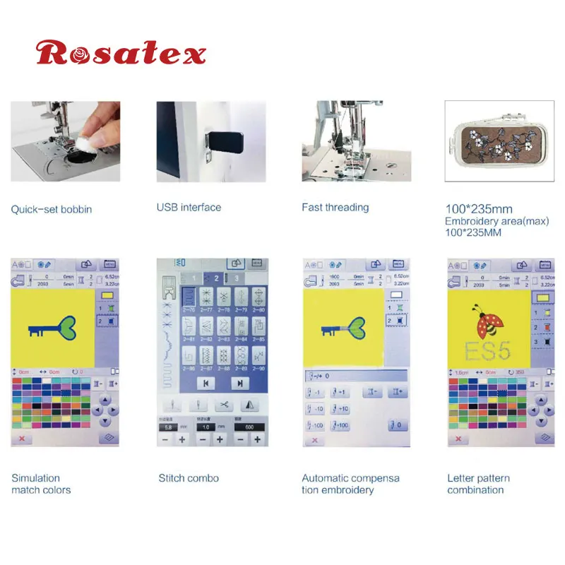ROSATEX ES5 Seven inch color touch screen mini electronic sewing embroidery machine home sale sewing machine