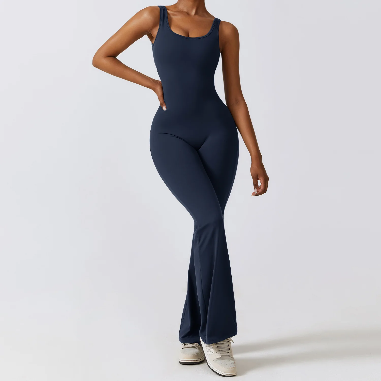 High Quality Elastin Workout Romper Gym Fitness Bodysuits Women v cut scrunch flare pants One Piece Yoga Jumpsuit