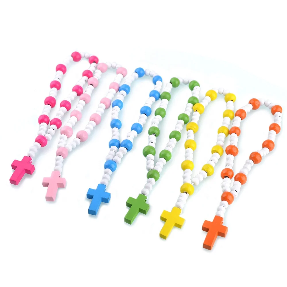Cheap Catholic Wooden Beads Rosary Necklace Multi-Color Kids Chain for Baptism Wedding and Party Gift Religious Style