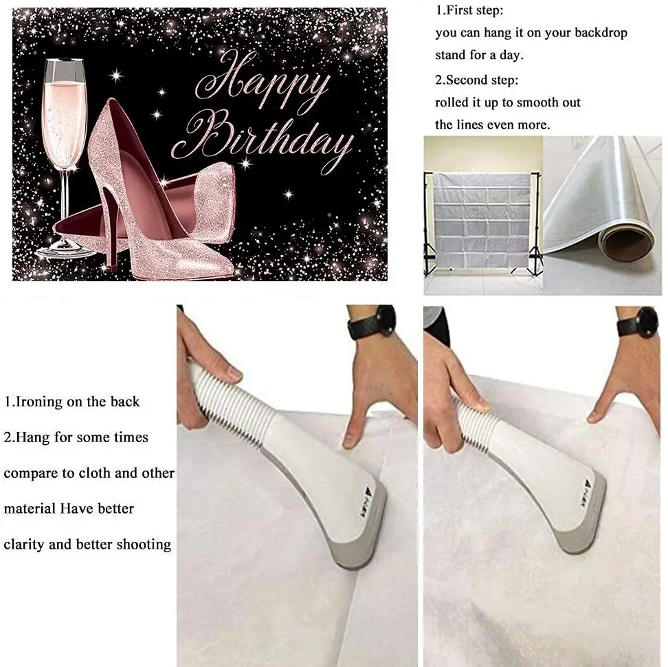 Rose Gold Glitter Happy Birthday Backdrop High Heels Champagne Glass Photography Background for Adult Women Birthday Party
