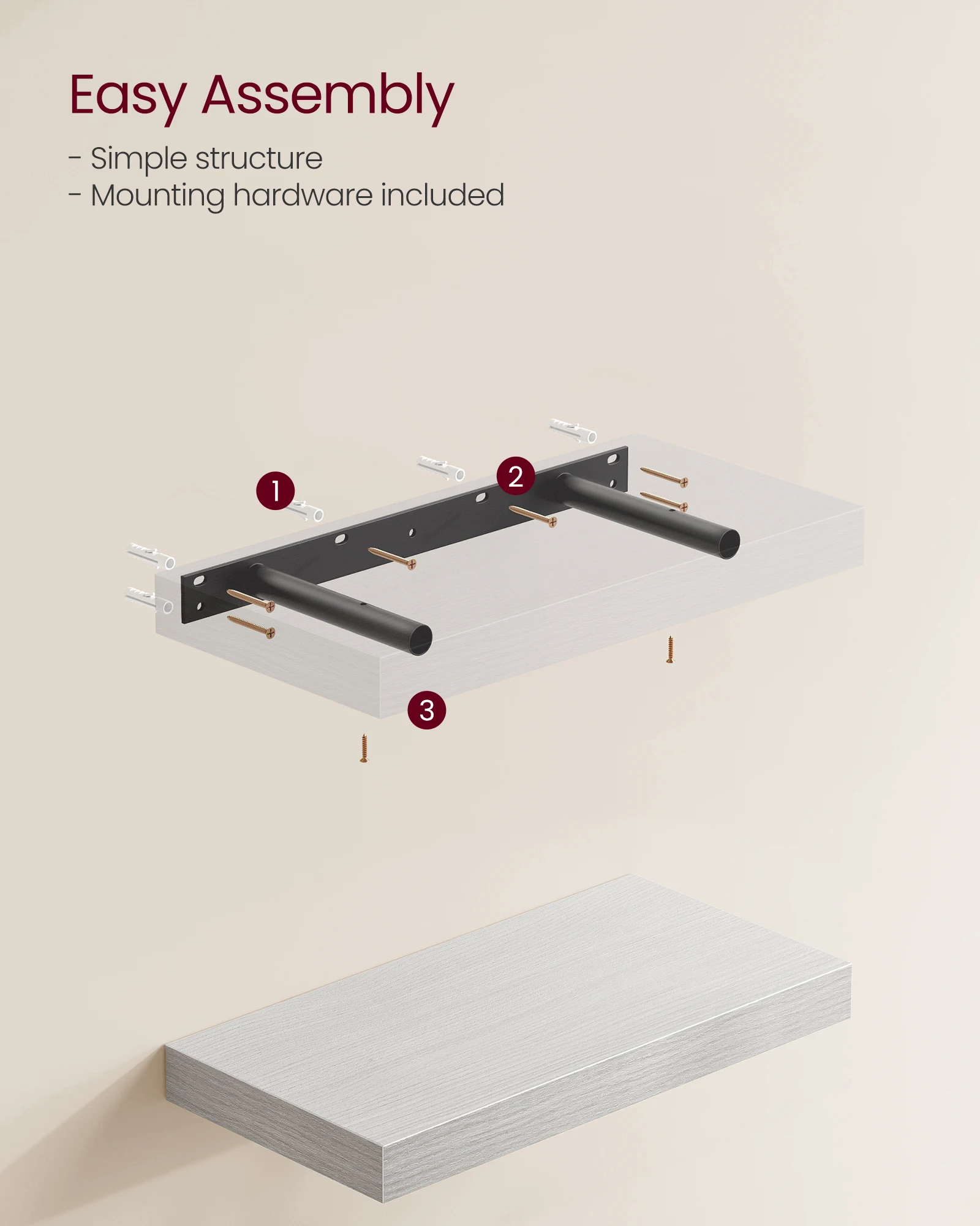 VASAGLE Maple White Wall Mounted Shelf for Photo Frames Decorations Living Room Study Kitchen Wall Shelf