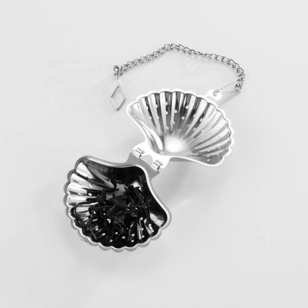 Wholesale Seashell Shape Stainless Steel Tea Strainer Tea Infuser with Chain Hook and Drip Tray