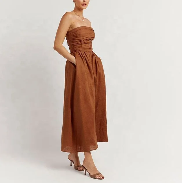 Custom Clothing Linen Ladies New Autumn Pleated Elegant Midi Dress Strapless Side Pockets Linen Cotton Dress Casual For Women
