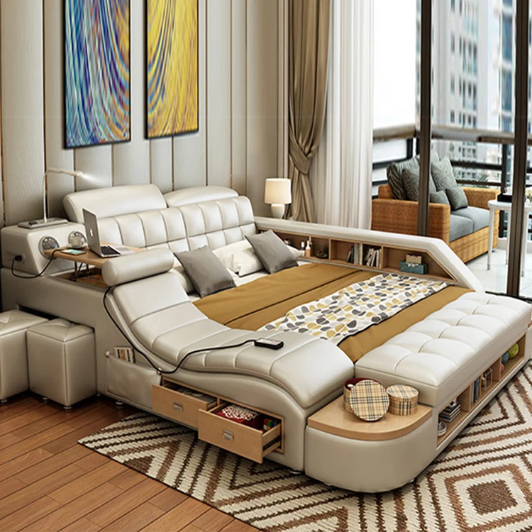 Multi-functional smart leather bed furniture queen bedroom furniture modern with  double  king size bed bedroom Foshan Furniture