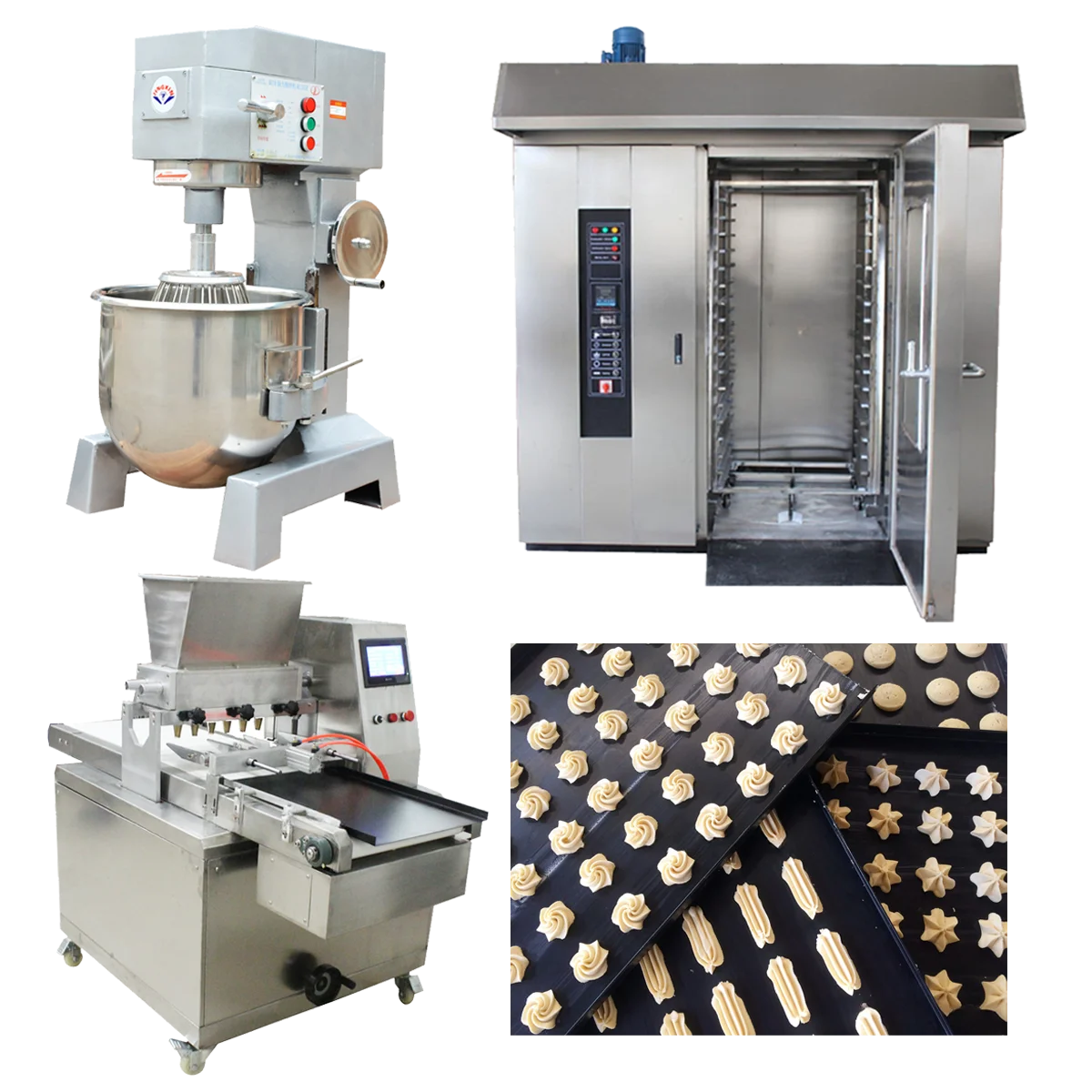 Cookies Biscuits Production Line Puff Macarons Sandwich Pastry Depositor Cheese Stick Machine Bakery Dough Mixer Rotary Oven