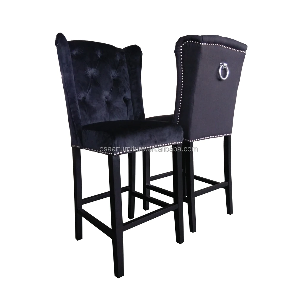 Black Velvet Silver Nail Studded French Style High Back Retro Bar Stool with Ring Pull