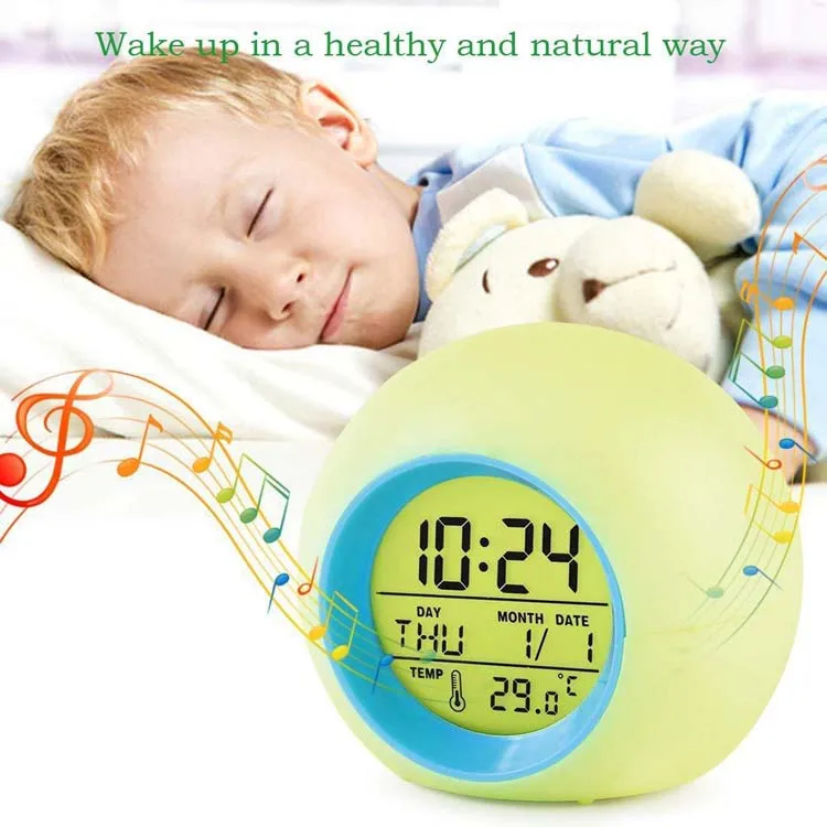 Round 7 Colors Changing LED Light Digital Alarm Clocks Touch Control Kids Children Wake Up Alarm Clock Thermometer Nature Music