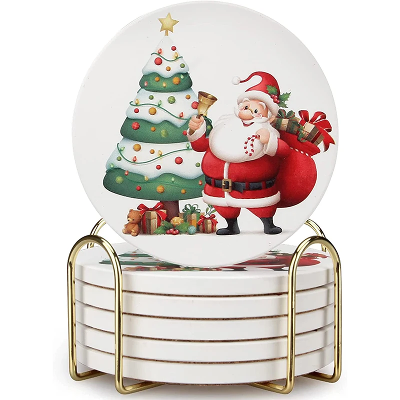 Promotional Modern Drink Stone Hexagon White Marble Ceramic Coaster For Coffee Table with Gold metal wire holder