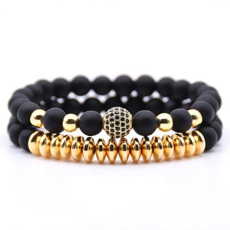 Men Women 2Pcs / Set Natural Matte Black Onyx Stone Jewelry Charm Healing Bead Bracelet