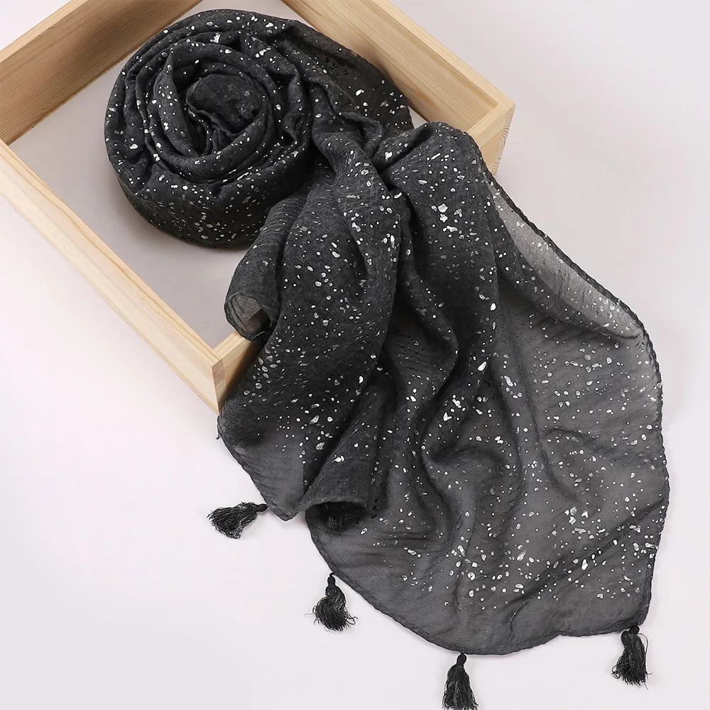 Sky Star White Bronzing Glitter Shinny Silver Sequins Cotton Linen Scarf Crinkled Plain Hijabs Muslim Tassel Shawls Head Wrap