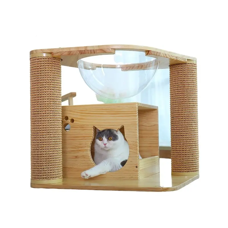 Wooden Cat Condo with Scratching Post and Box House  and Transparent Cat Platform