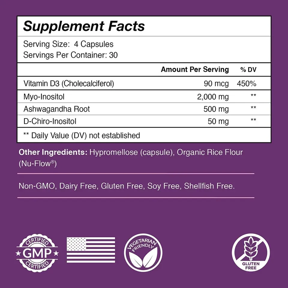 Pcos Supplement Hormone Balance Support Folate Vitamin D3 Myo-Inositol & D-Chiro Inositol Capsules for Women