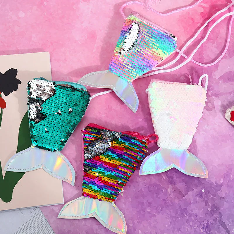 Factory Supply Fish Tail Sequin Hanging Rope Zero Wallet Kids Colorful Mermaid Plush Coin Purse Bag Mochilas De Pelucia