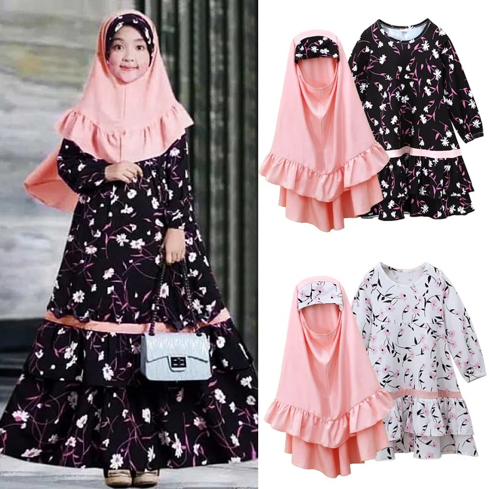 Muslim Children Kids Girls Hijab Dress Set Prayer Dresses Suit Islamic Arab Baby Robe Sets C0097