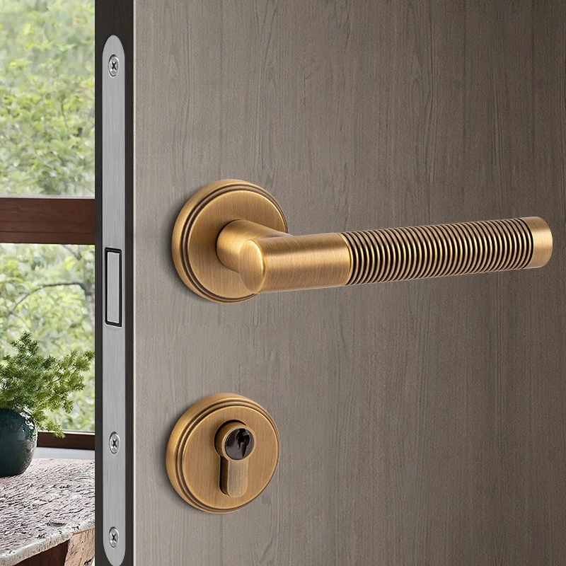 Qiansi Indoor Pure Copper Door Lock Mute French Magnetic Door Lock American Bedroom Door lever set vintage style