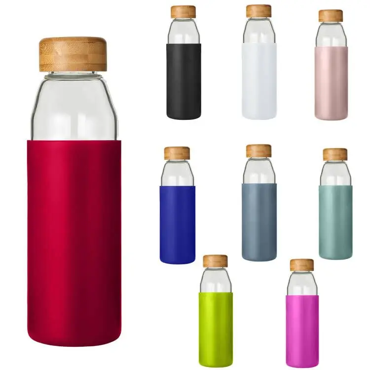 most popular products fridge water bottle bamboo lid glass cup with silicone sleeve
