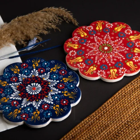 Factory custom Ceramic Tile Coaster Hot Pad Handmade Turkish Ceramic Trivet Cup Coasters Favors Hand Painted Pottery