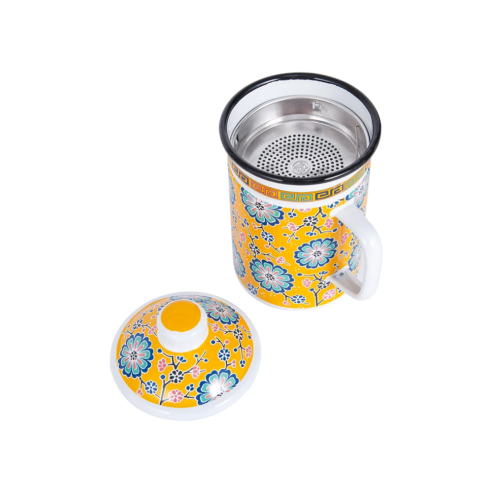 Hot Sale Enamel Handle Coffee Mugs Business Office Personalized Enamel Tea Cups with filter
