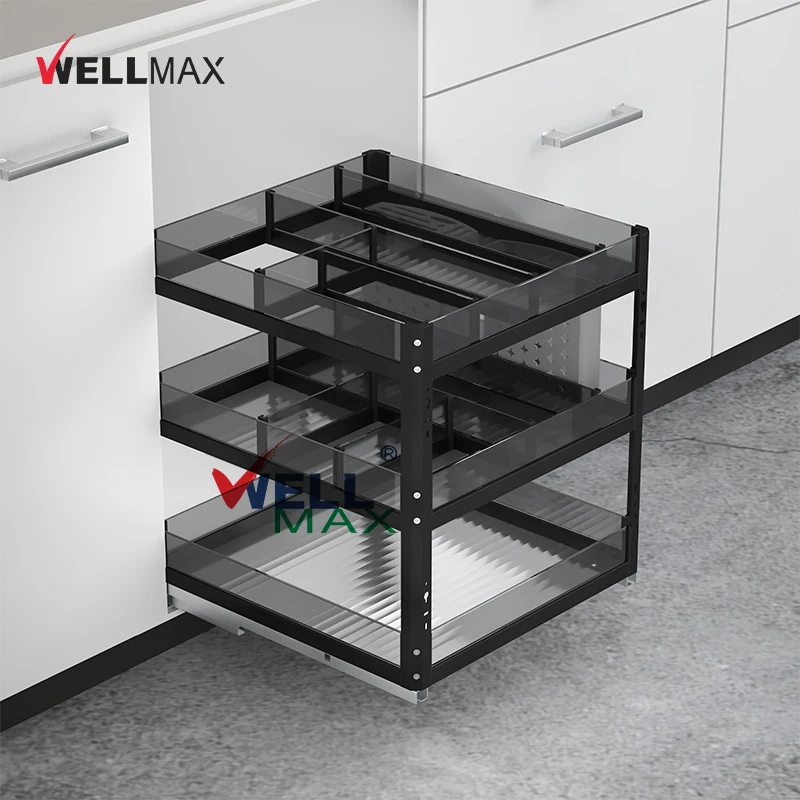 WELLMAX Multifunctional Glass Sliding Spice Drawers Basket Hardware Accessories Pull Out Storage Rack Kitchen Cabinet