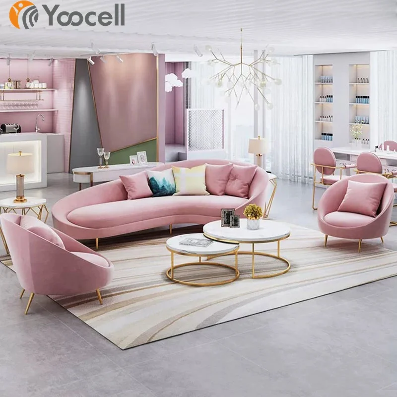 Магазин фабрики Yoocell, салон красоты, Розовый бархатный тканевый диван для ожидания, комплект с мраморным столешницей и диваном