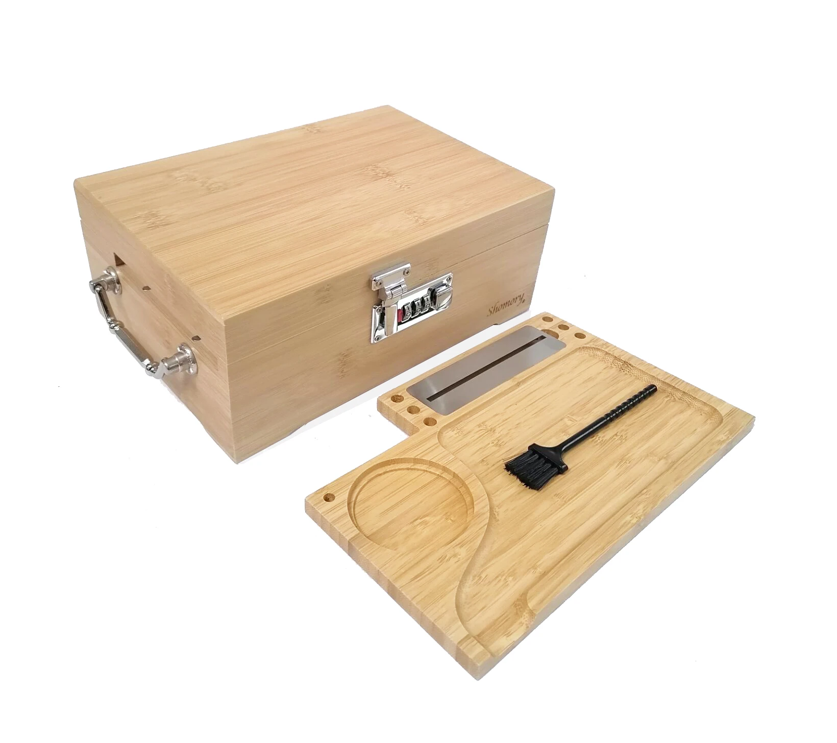 Wooden Storage Box with Rolling Tray and Brush, Decorative Bamboo Box with Slide Tray for Gift, Smell Proof Box Safety