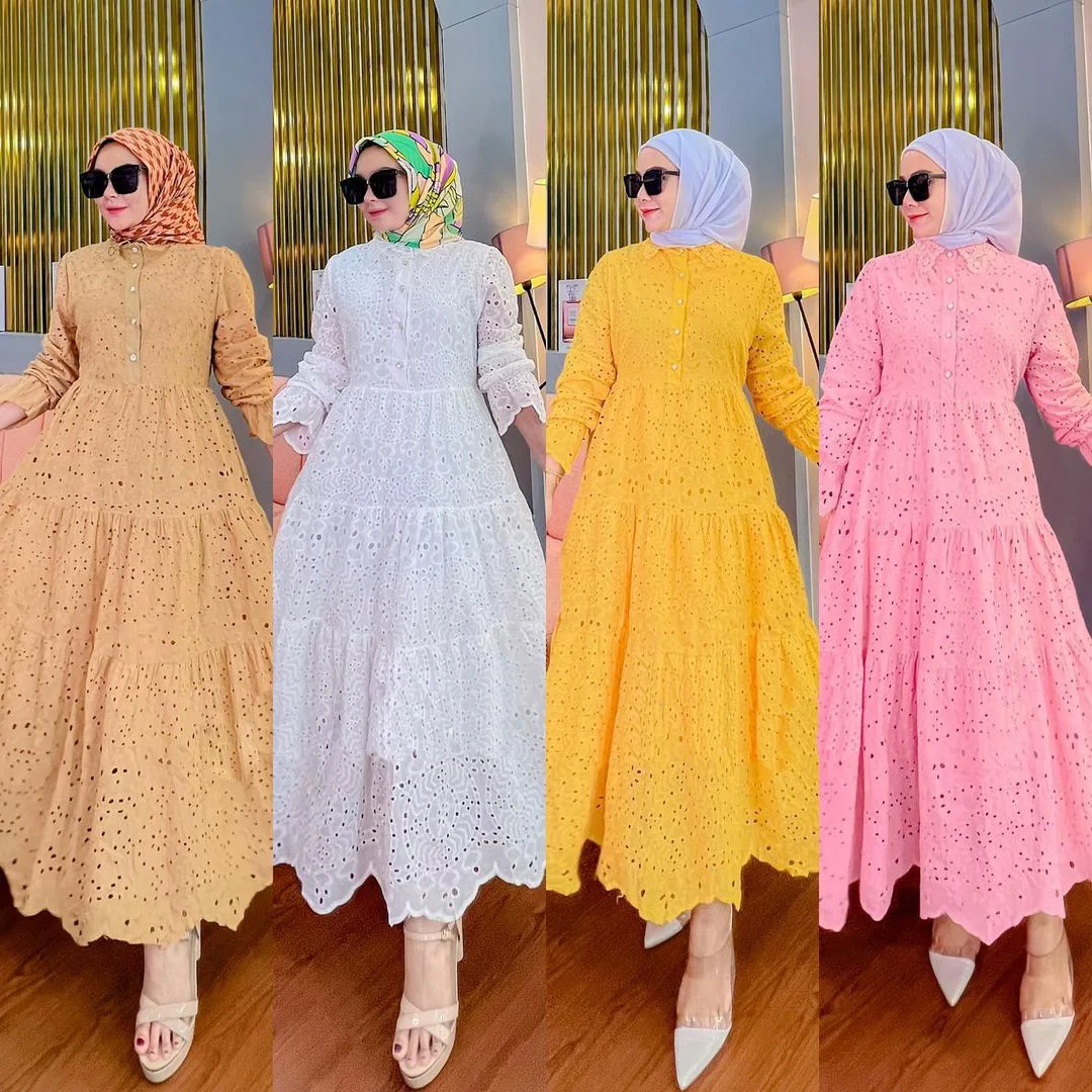 Eid Lace Floral Women Muslim Robe Bohemian Vintage Abaya Dubai Dresses Long Sleeve Loose Long Turkish Islamic Dresses