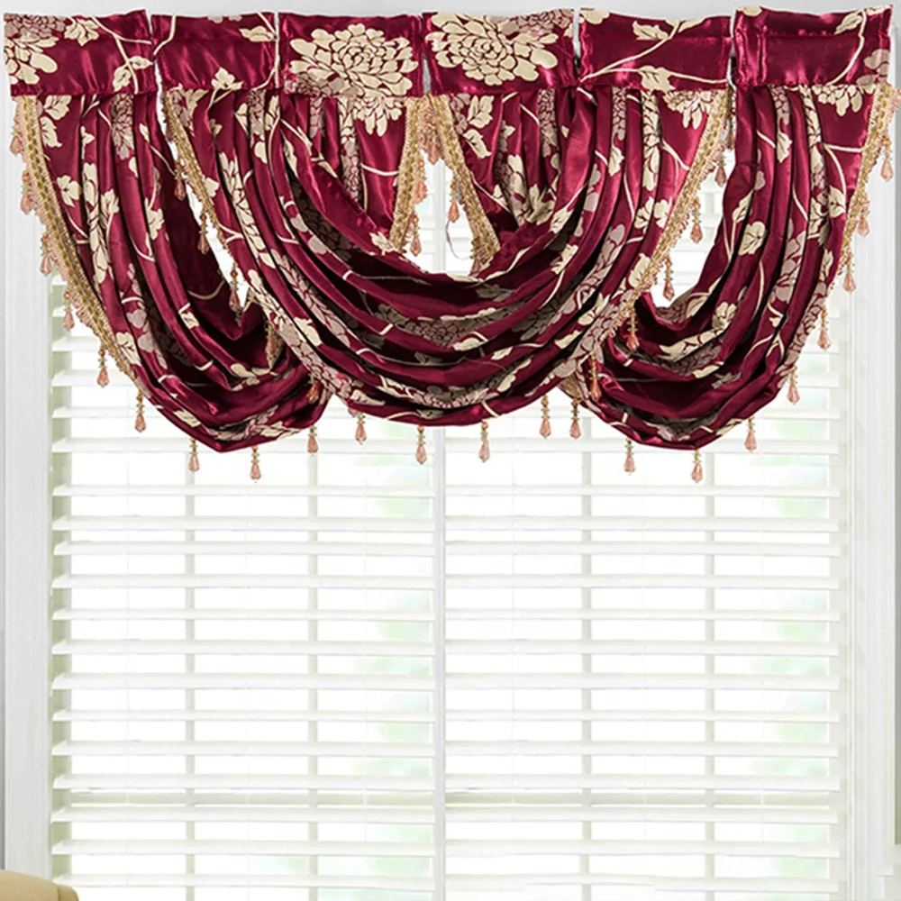 Wholesale Ready Customize Nice Cheap Small Red Jacquard Beaded Valance Home Decor Kitchen Living Room Window Curtain Valance