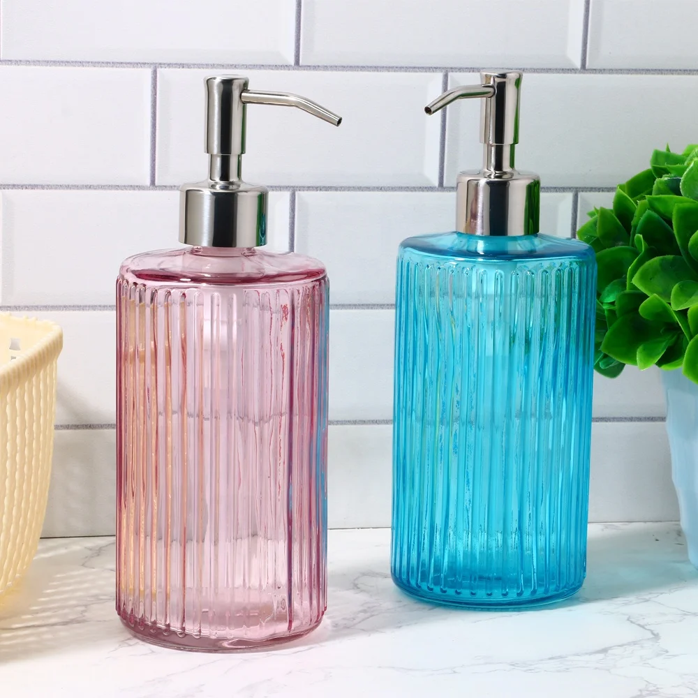 Wholesale Lines Glass Soap Dispenser Bottle with Pump Soap Liquid Shampoo Dispenser Manufacturer