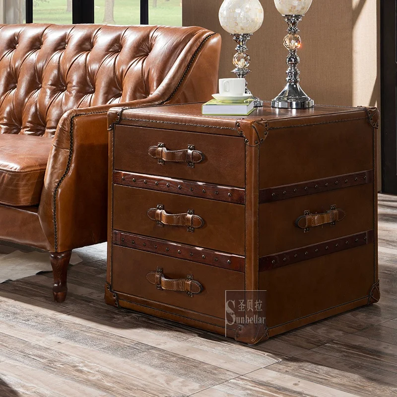 vintage genuine leather bedside night stand with 3 drawer side table chests cabinet bedroom night stand home furniture