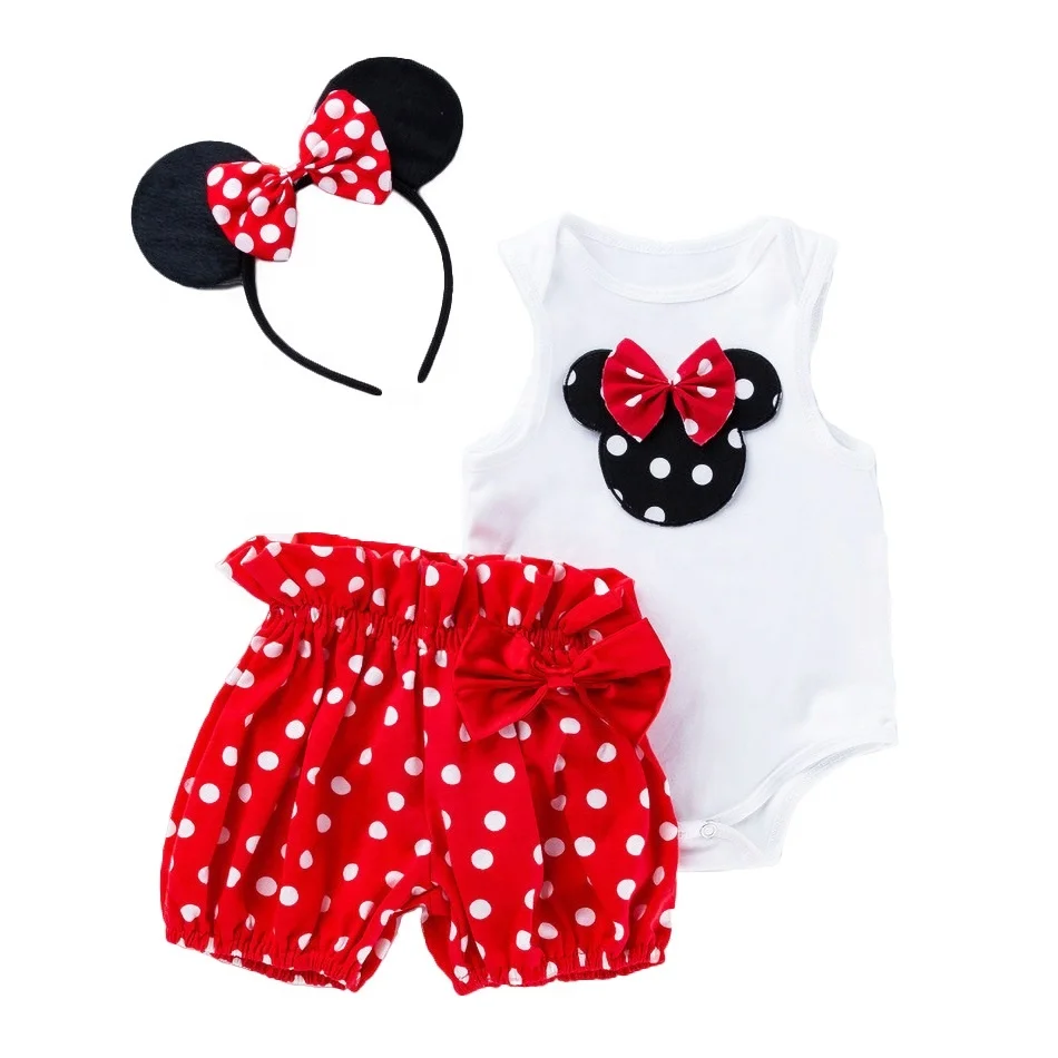 
2021 Summer Newborn Birthday Gift 0-2 Years Sleeveless Romper Dots Bloomer Shorts and Mickey Ear Headband 3 Pcs Baby Clothes Set 