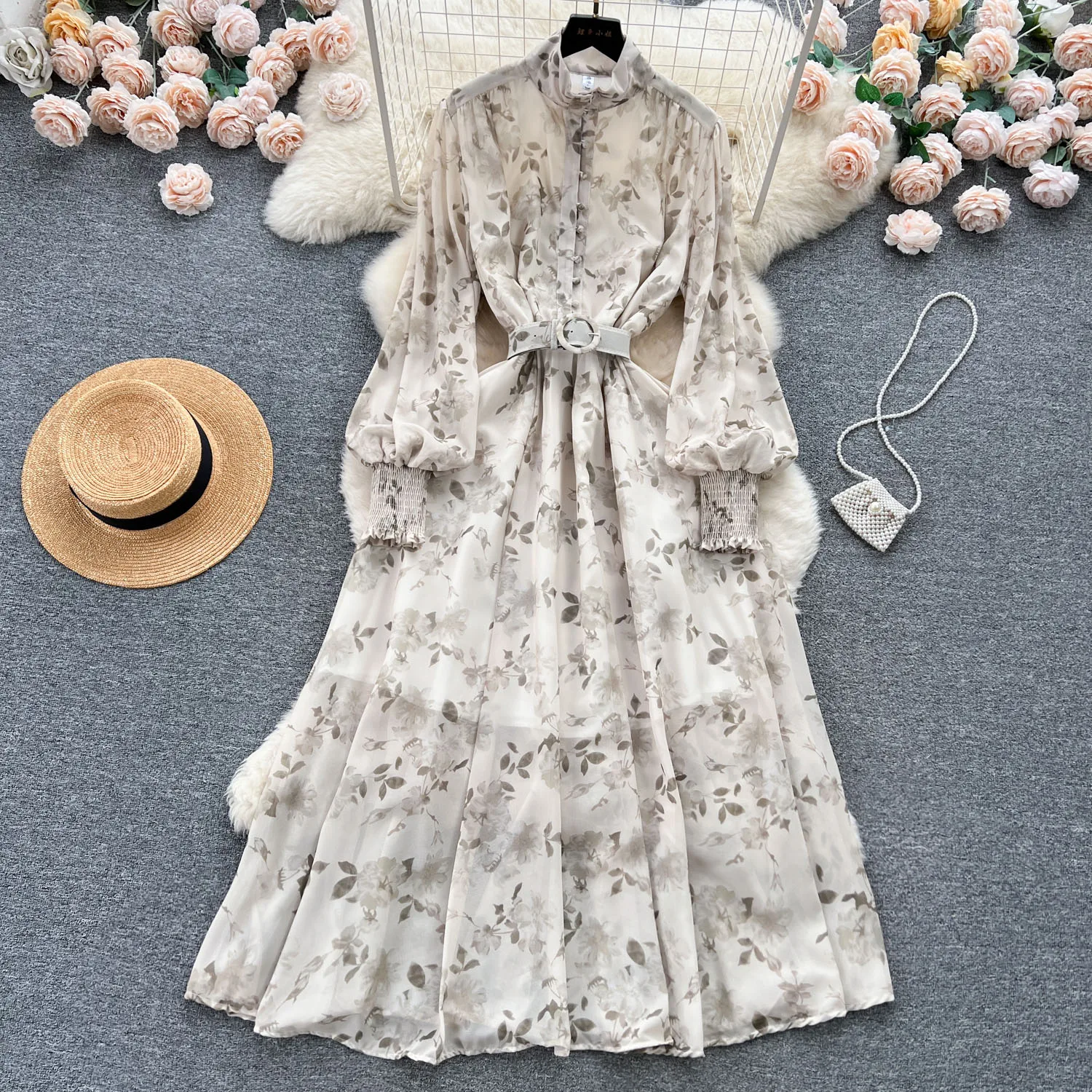 Wholesale new fashion french style maxi bubble long sleeve print ladies shirt floral fall casual chiffon dresses women