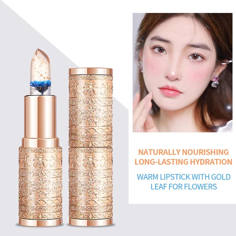 OEM 3 Crystal Flower Jelly Lip Balm with Gold Foil PH Temperature Color Change Non-stick Cup wholesale Lipstick