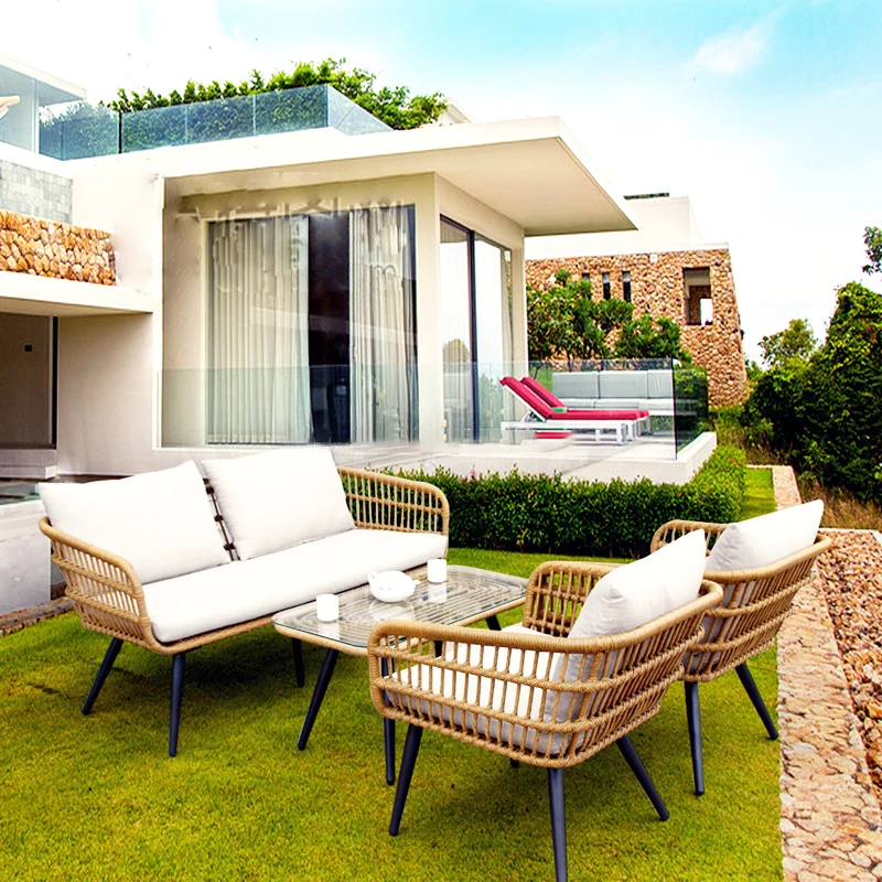 4 Pieces Rattan Outdoor Patio Chairs with Coffee Table&Cushions, All-Weather Rattan Outdoor Sofa, Outdoor Rattan Sofa Set