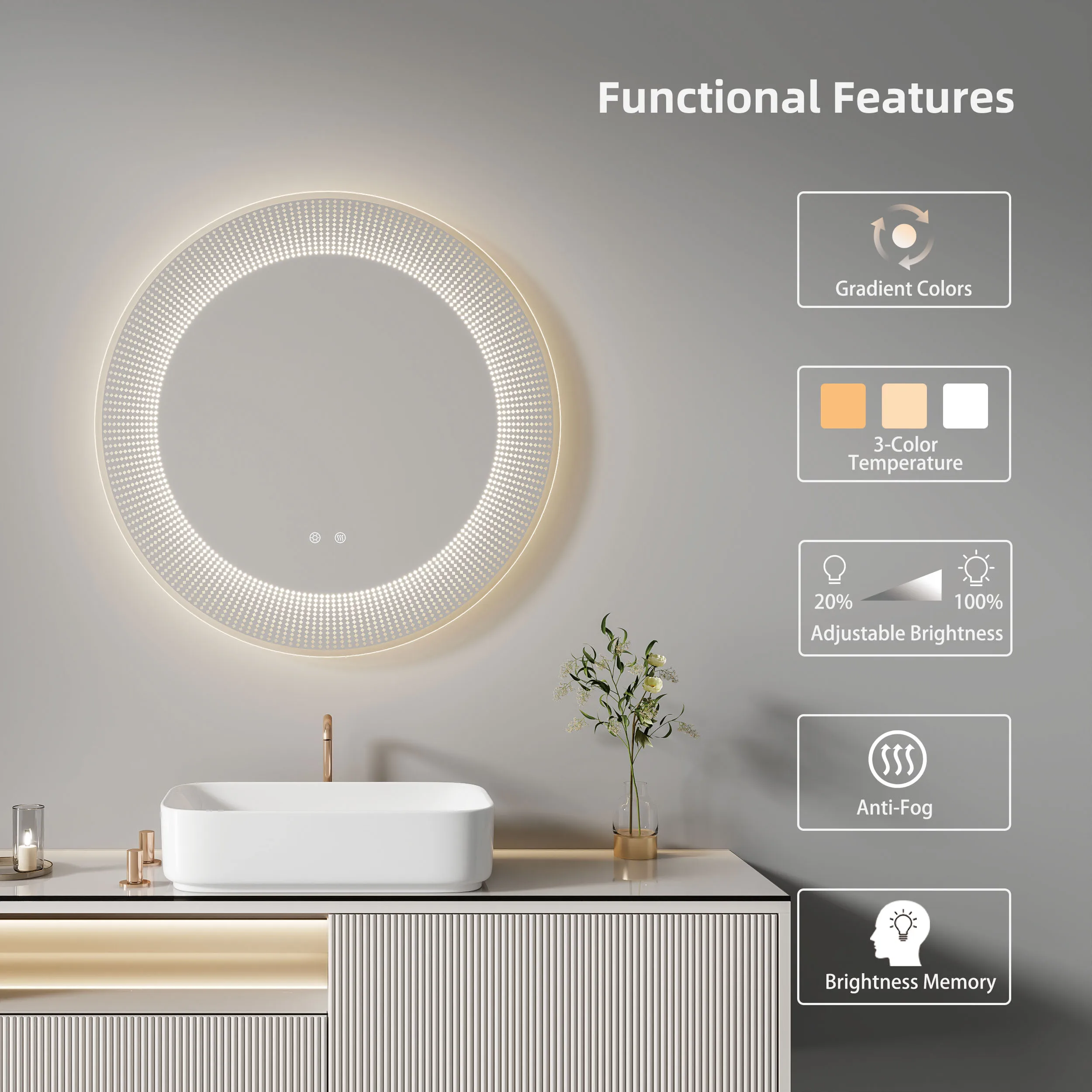 Vanity 60cm Wall Mounted Anti Fog Lighted Frameless With Lights Round 24 Inch Backlit Modern Led Round Mirror Bathroom