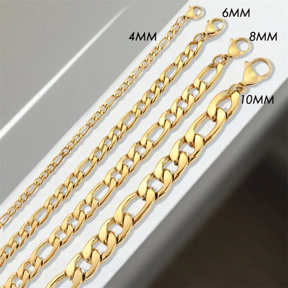 4mm 6mm 8mm Chain Figaro Bracelet 14K Gold Plated Stainless Steel Jewelry for Women