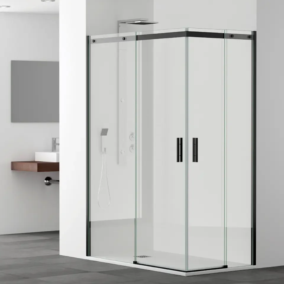 Frameless Glass To Glass Door Shower Enclosure Set Sanitary Ware Black Minimalist Steel Sliding Shower Glass Door Pull Handles