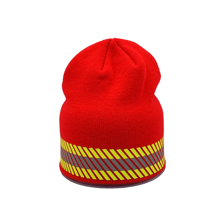 Wholesale Custom Reflective Striped Thinsulate Lined High Visibility Fluorescent Safety Knit Red Beanie Hat Cap