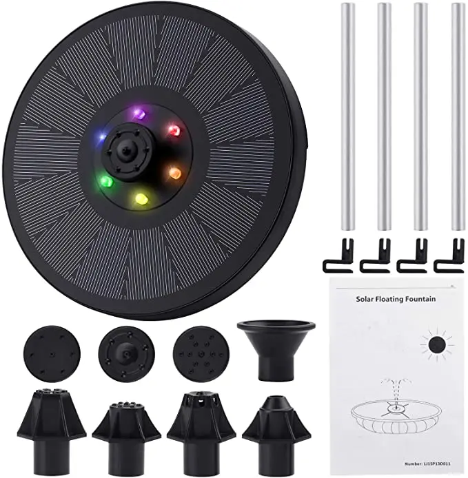 Solar Fountain Pump With LED Lights, Upgraded 3W Solar Water Fountain With 7 Nozzle and 900mAh Battery, Free Standing Floating