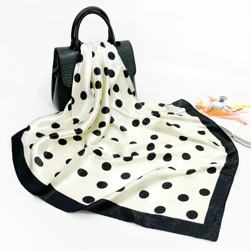 Wholesale Fashion Women Square Silk Head Scarf Polka Dot Printed Satin Silk Hijabs Scarves 90x90