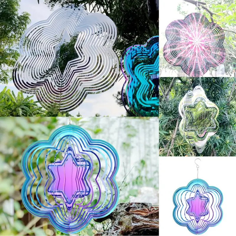 Stainless steel 3D rotating wind chime cross-border hexagonal star garden home pendant