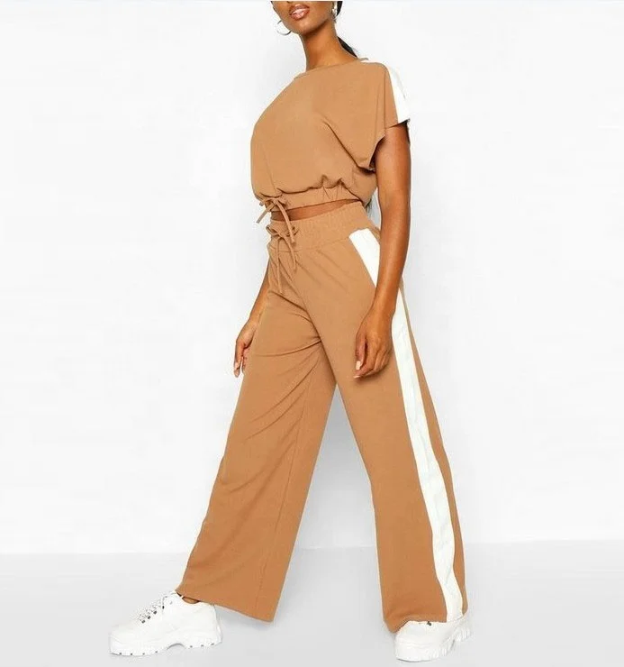 Wholesale Womens Camel Colour Block Short Sleeve T shirt+Pants Athleisure 2 Pieces Set Casual Tracksuit