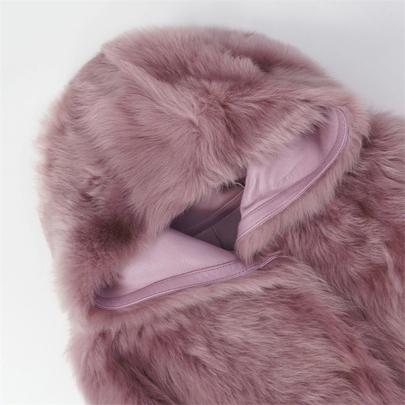 Women Warm Thick Italy Imported Tuscany Sheep Fur Double-Faced Sheepskin Leather Fur Coat With Fur Hooded